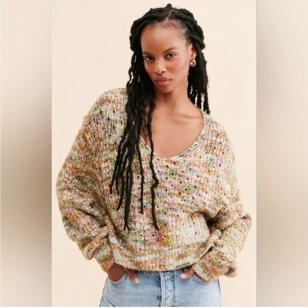 Free People Multi Color Knit Highland V-Neck Sweater in Mendocino Combo